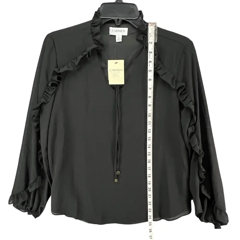 Carmen Marc Valvo Top Womens S Black Chiffon Ruffle‎ Lightweight Coquette Blouse - Picture 7 of 16